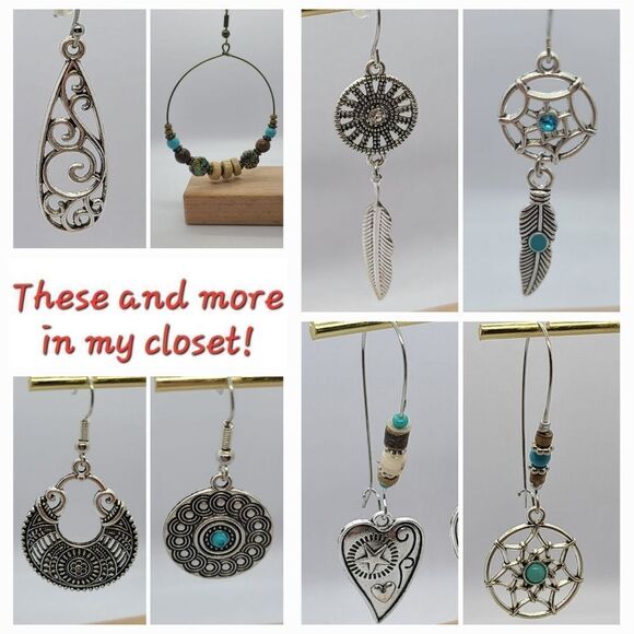 Engraved Heart Silver Dangle Earrings Turquoise Beaded Western Boho Jewelry NWT - Picture 5 of 6